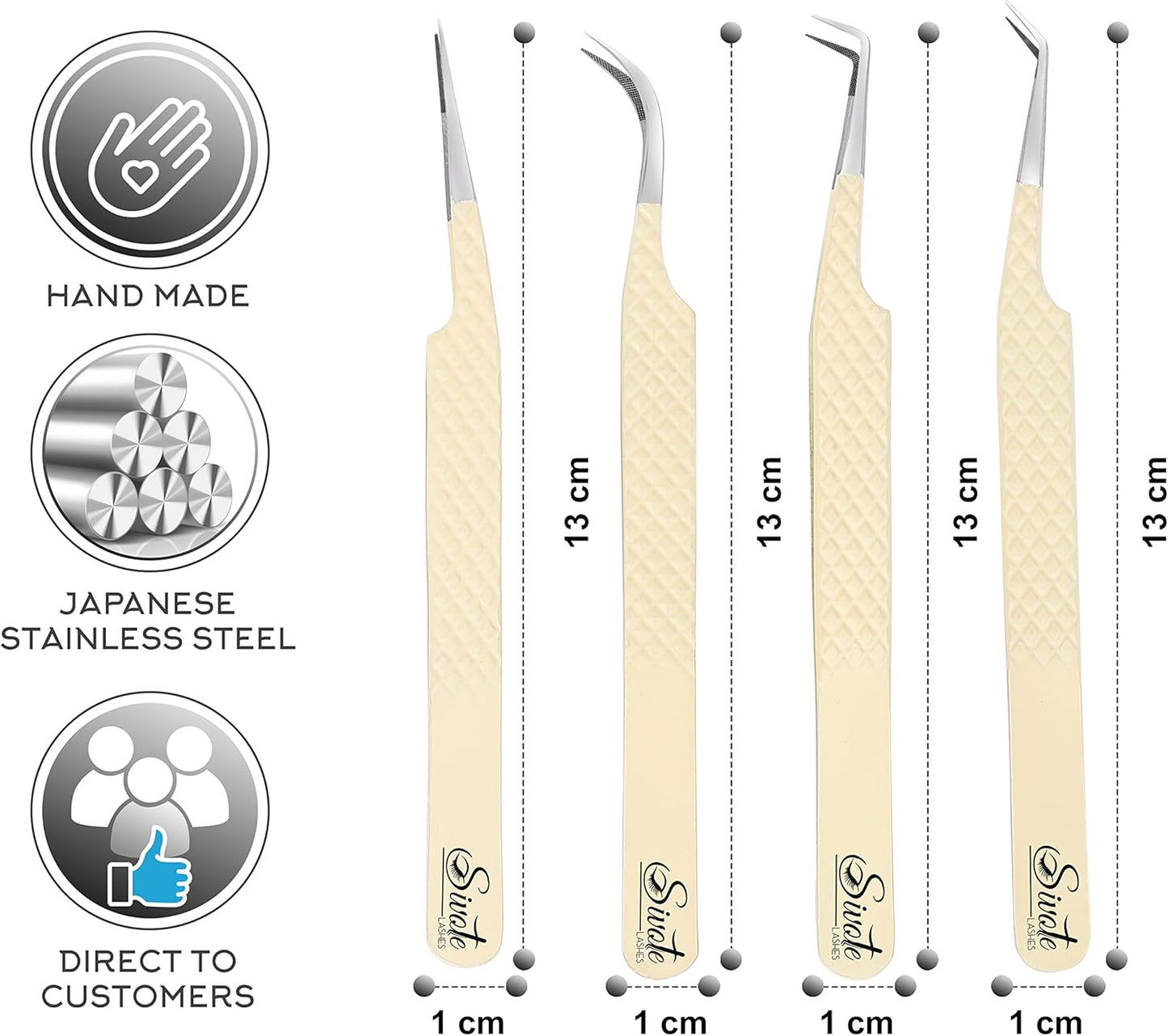 SIVOTE Fiber Tips Lash Tweezers for Eyelash Extensions, Set of 4, Curved, Dolphin, 90 Degree & 45 Degree Tweezer, Vanilla