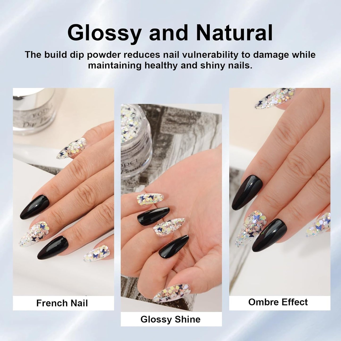 Nail Dip Powder Colors, Butterfly Glitter Silver - DIY Nail Art Starter Kit - No Lamp Needed - 1 oz