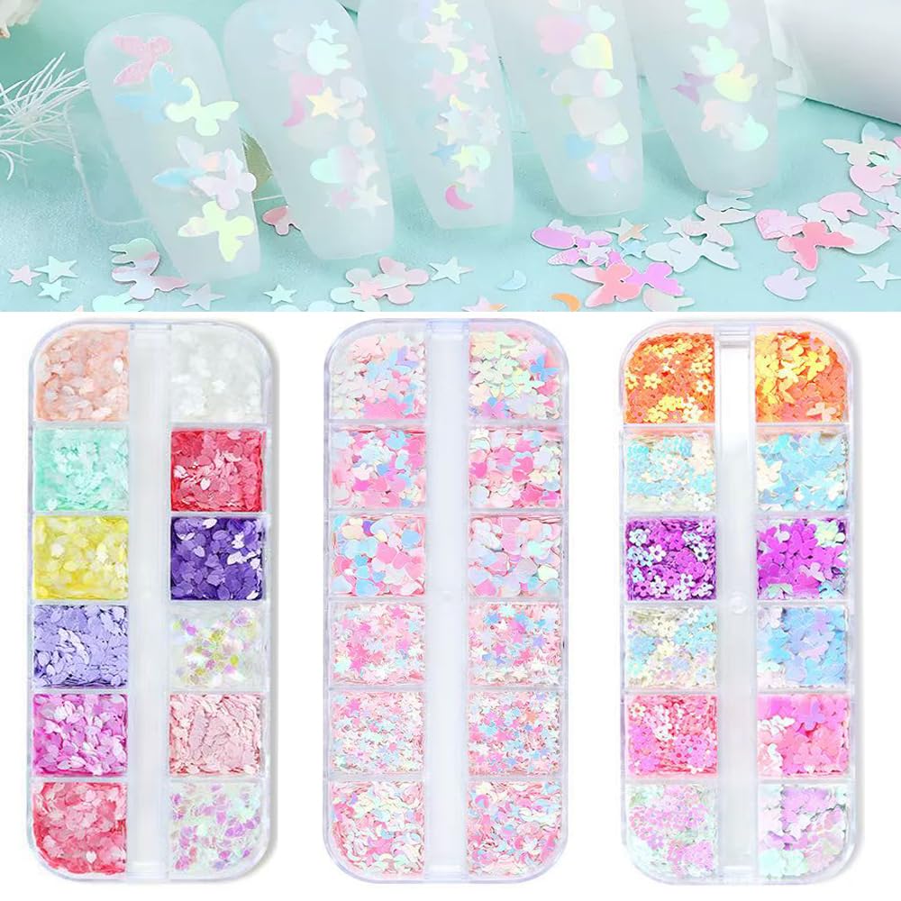Flower Glitter Nail Sequins,3 Boxes Holographic Flower Heart Nail Art Flakes Pink Purple Glitter Sticker Decals Butterfly Nail Sequins Manicure DIY Spring Decorations 36 Styles