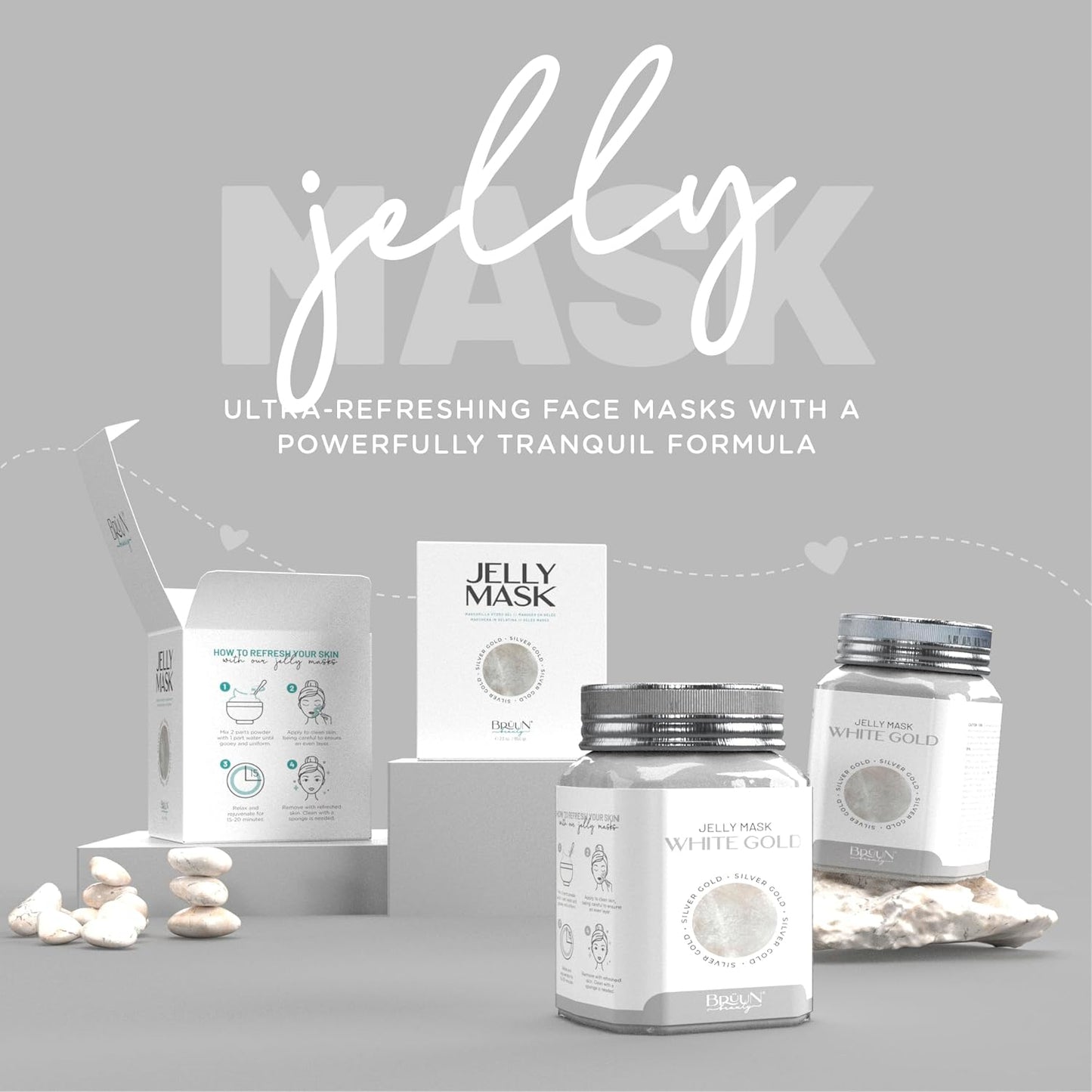 BRÜUN Jelly Mask Jar White Gold Glycolic AC AHA Peel-Off Face Care Rubber Mask | 23 fl oz Skin Care Moisturizing Gel Mask Jar Spa Set