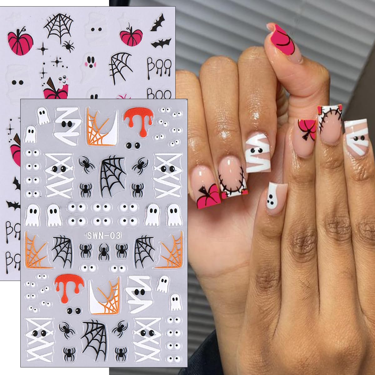 6Sheets Halloween Nail Stickers - Cute Ghost Nail Decals, 3D Self-Adhesive Pink Pumpkin Spider Web Mummy Ghost Nail Art Design Stickers for Women