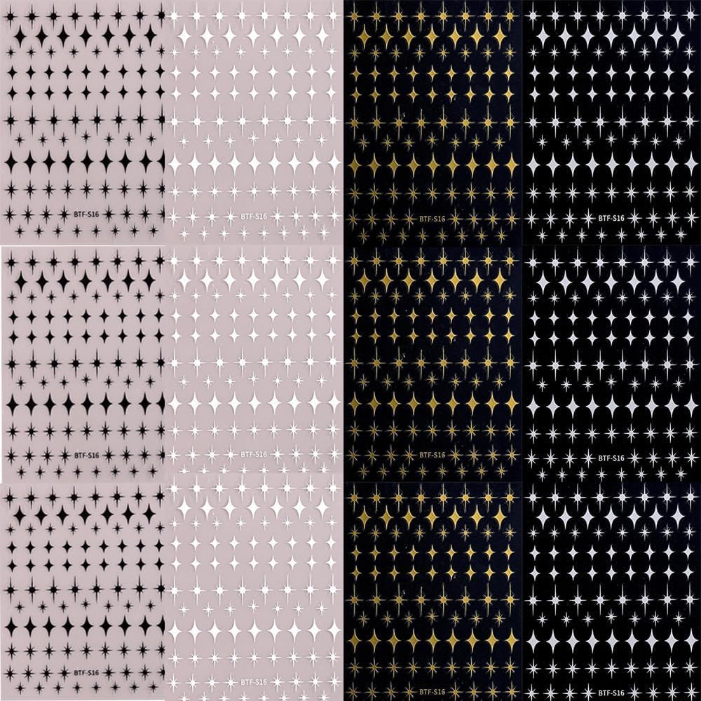 12 Sheets Star Nail Art Stickers 3D Self Adhesive Gold White Black Star Design Nail Art Decal Accessories for Women Acrylic Manicure DIY Decoration