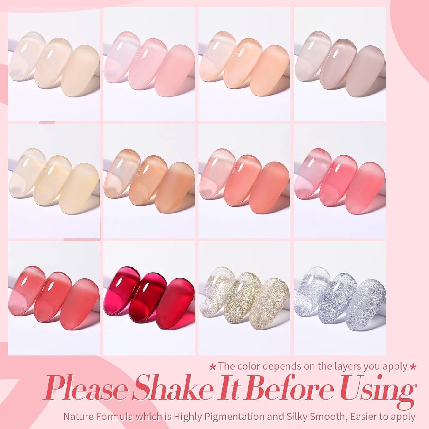 Born Pretty 28Pcs Jelly Gel Nail Polish Kit With U V Light 48W Nail Lamp 12 Colors Jelly Pink Nude Neutral Gel Polish Set with Base/Top Coat Manicure All-In-One Nail Gel Kit Ideal Gifts