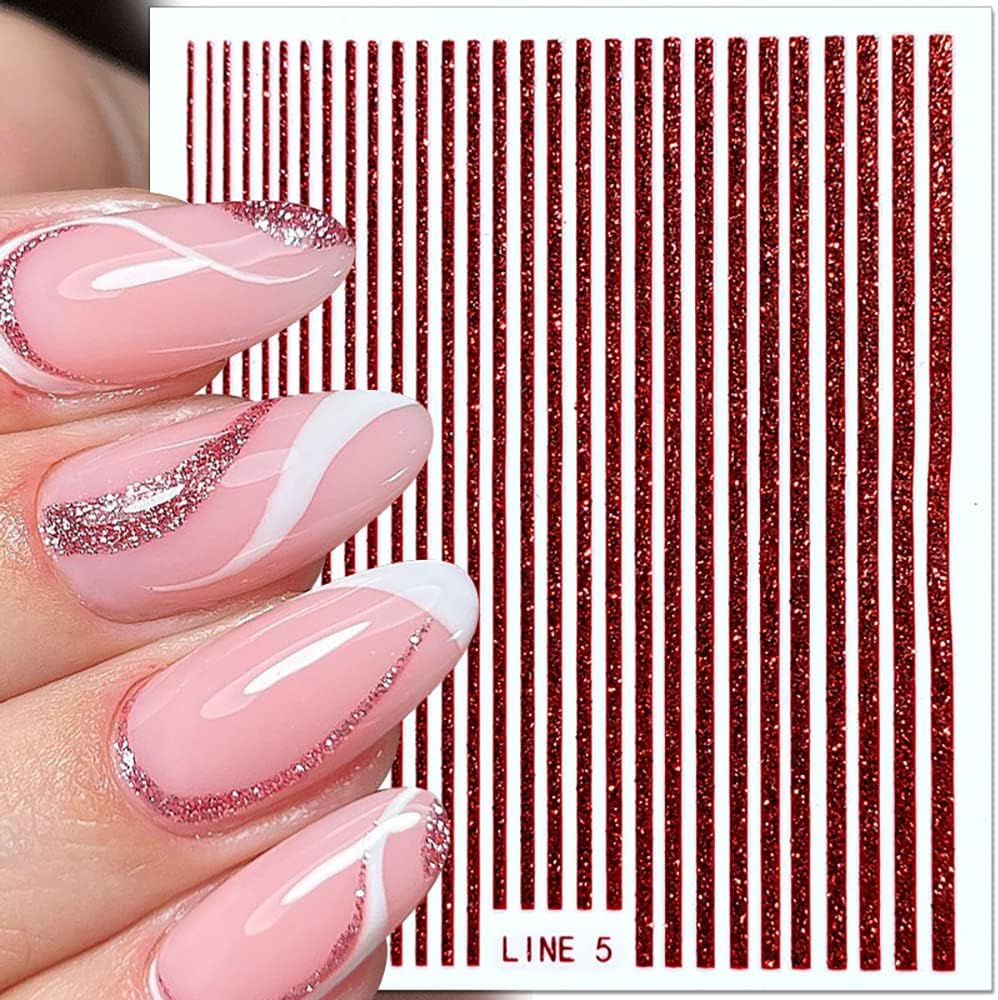 3D Glitter Lines Nail Stickers Holographic Nail Art Stickers Metal Stripe Nail Decals Self Adhesive Geometric Strip Line Nails Stickers Women DIY Nail Supplies,6 Colors/Set