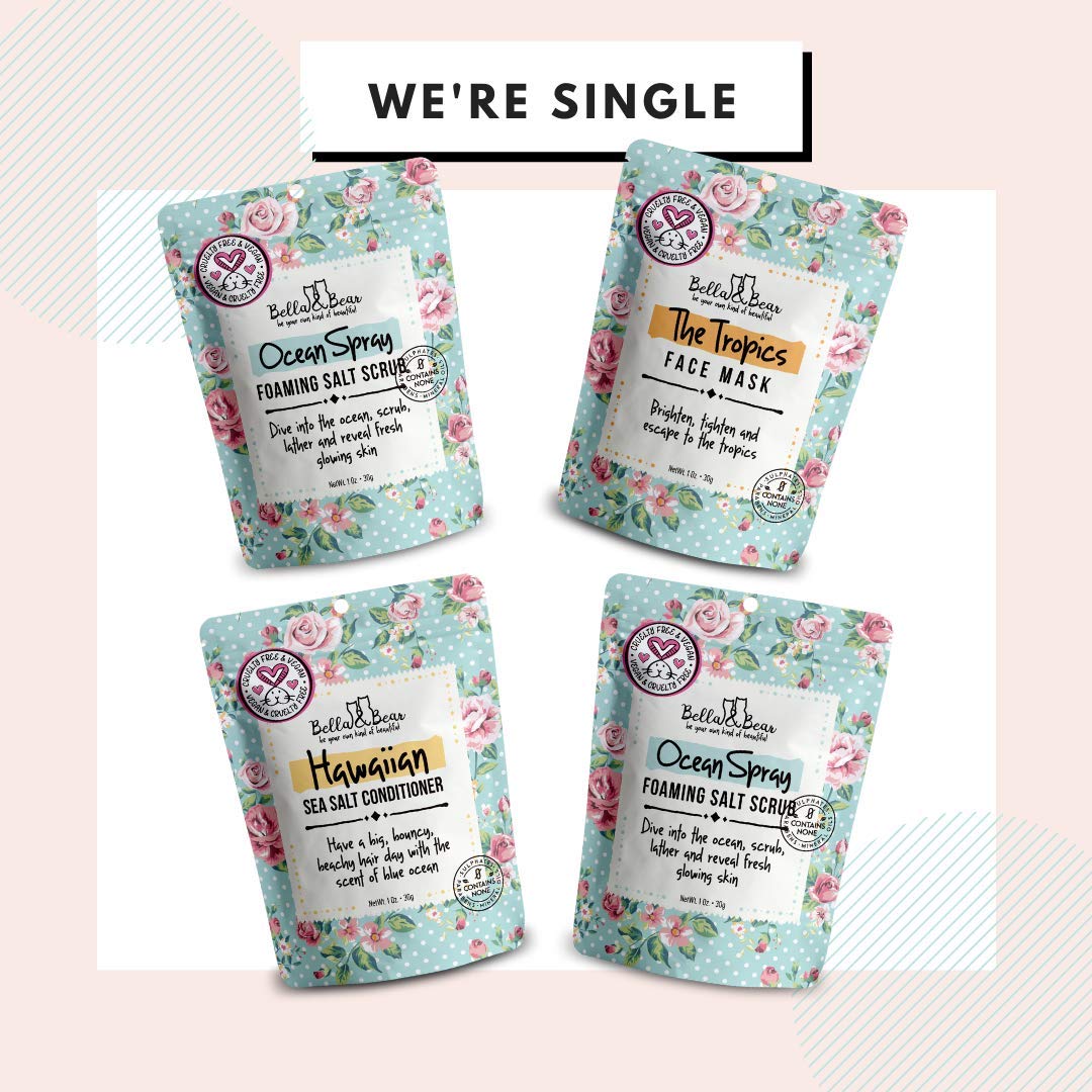 Bella & Bear Tropical Travel Pack, Self Care Kit, Includes Cruelty Free Shampoo, Conditioner, Body Scrub, Face Mask,1oz, Pack of 4