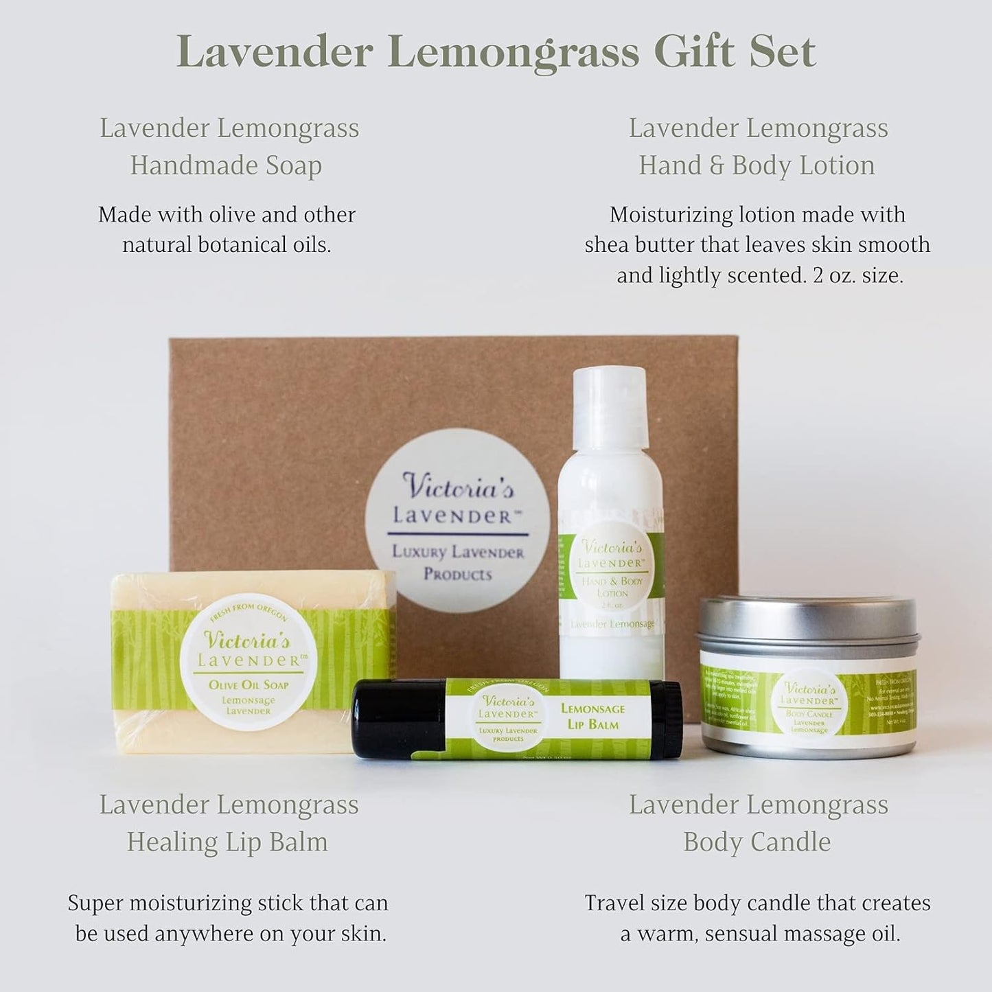 Victoria's Lavender Natural Body Products Gift Set - Handmade Soap, Hand & Body Lotion, Lip Balm, Body Candle Skin Care Sets & Kits, Lavender Bath and Body Products for Women, Lavender Lemongrass