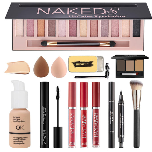 All in One Makeup Kit for Women Full Kit, Includes 12 Colors Naked Eyeshadow,Liquid Foundation, Lipstick Set, Mascara, Makeup Brush, Makeup Sponge, Eyebrow Powder, Eyebrow Soap, Eyeliner Stamp(#102)