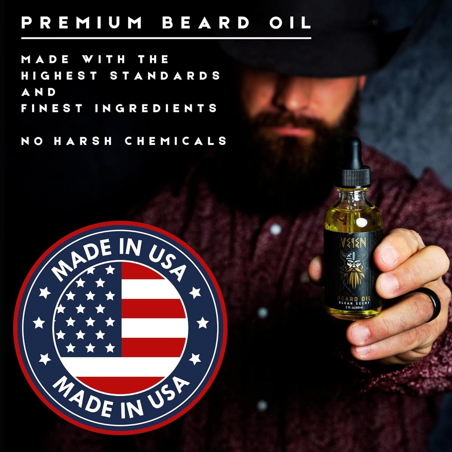 Veien Beard Oil for Men Premium All-Natural 2floz Made in USA for Thicker Darker Fuller Growth Moisturizes Conditions Softens Strengthens Smooths Frizz Hydrates for All Hair & Skin Types Reduces Itch