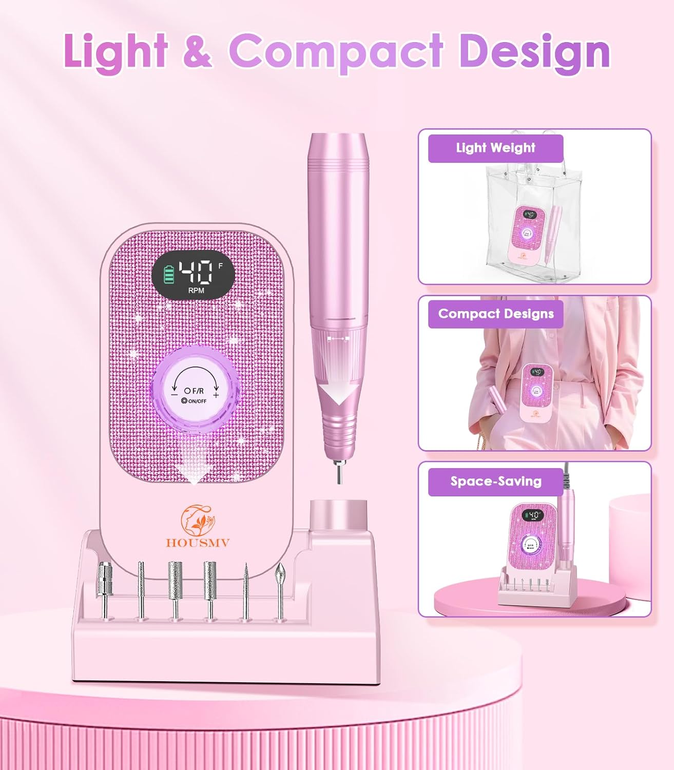 Portable Nail Drill Electric File: Professional Nail E File Machine 40000RPM Rechargeable Cordless Pink Diamond Nail Drill with Bits & Base for for Acrylic Nails Remove Gel Polish Manicure, Salon Home