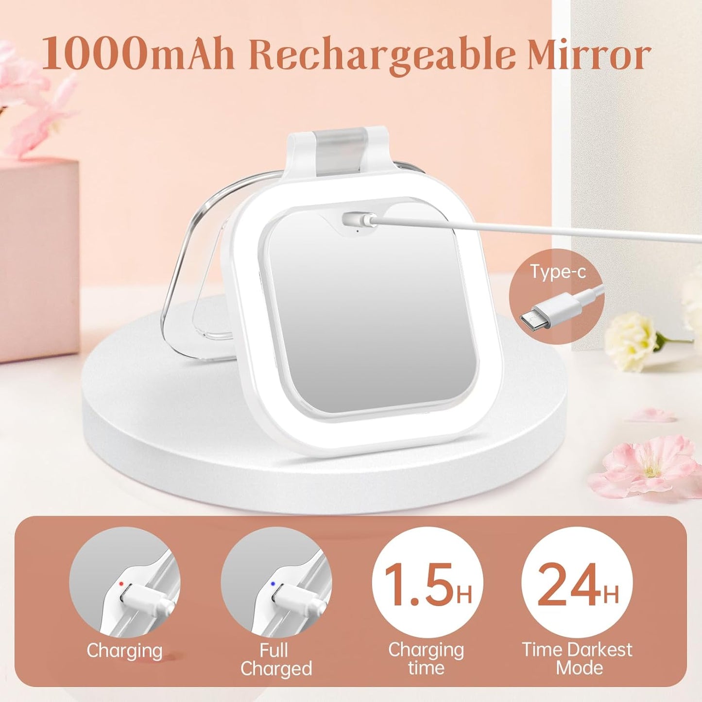 FASCINATE 10X Magnification Compact Travel Makeup Mirror with Lights and Magnification, 3.5 inch Portable 1X/10X Magnifying Mirror with 3 Color Light, Folding, Handheld (White)