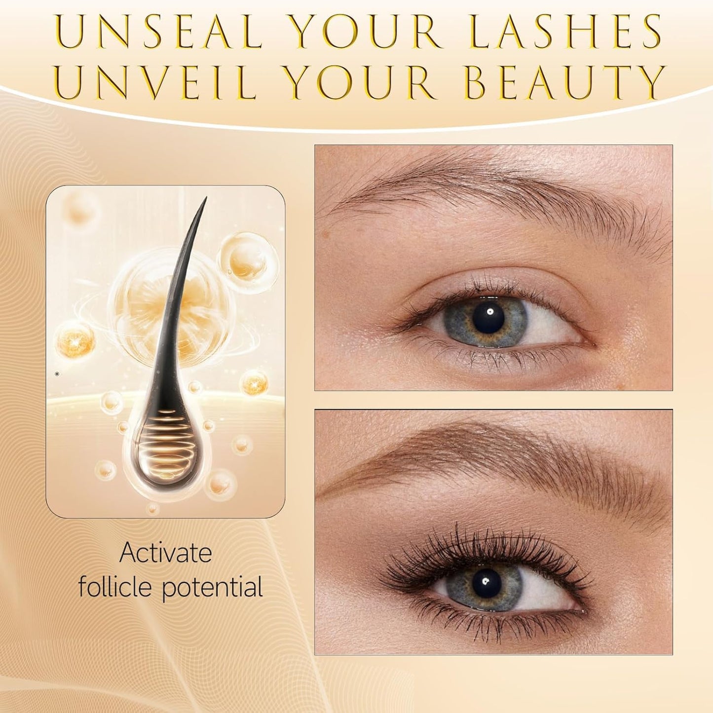 Eyelash Growth Serum – 15 Plant Extracts for Longer, Denser & Robust Lashes,Boosts Natural Lash Development,eyelash serum,Enhance Natural Beauty, Hypoallergenic Oil Free,lash growth serum（PURE GOLD）
