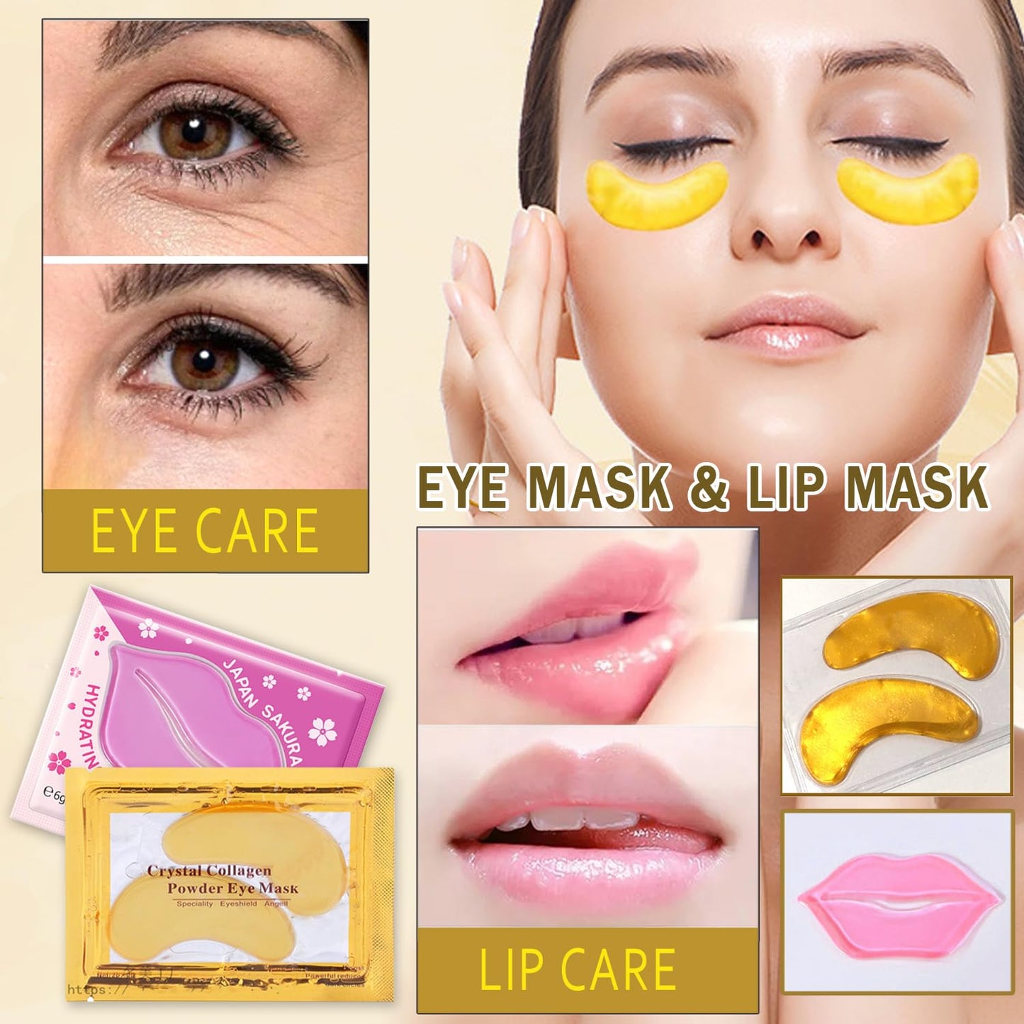 30 Pairs 24K Gold Eye Masks & Lip Masks, Crystal Collagen Gel Under Eye Patches for Puffy Eye, Moisturizing Cooling Skin Care Lip Eye Patches for Puffiness and Dark Circles