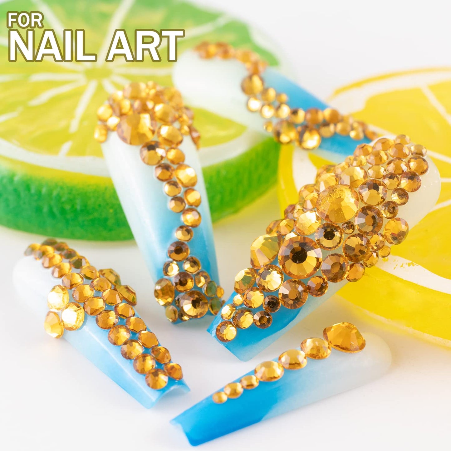 One Pack 2000 Pcs of Flatback Round Golden Yellow Rhinestones 6 Sizes (1.5-6 mm) with Nail Art Rhinestone Picker Pencil and Tweezer for DIY and Salon Use