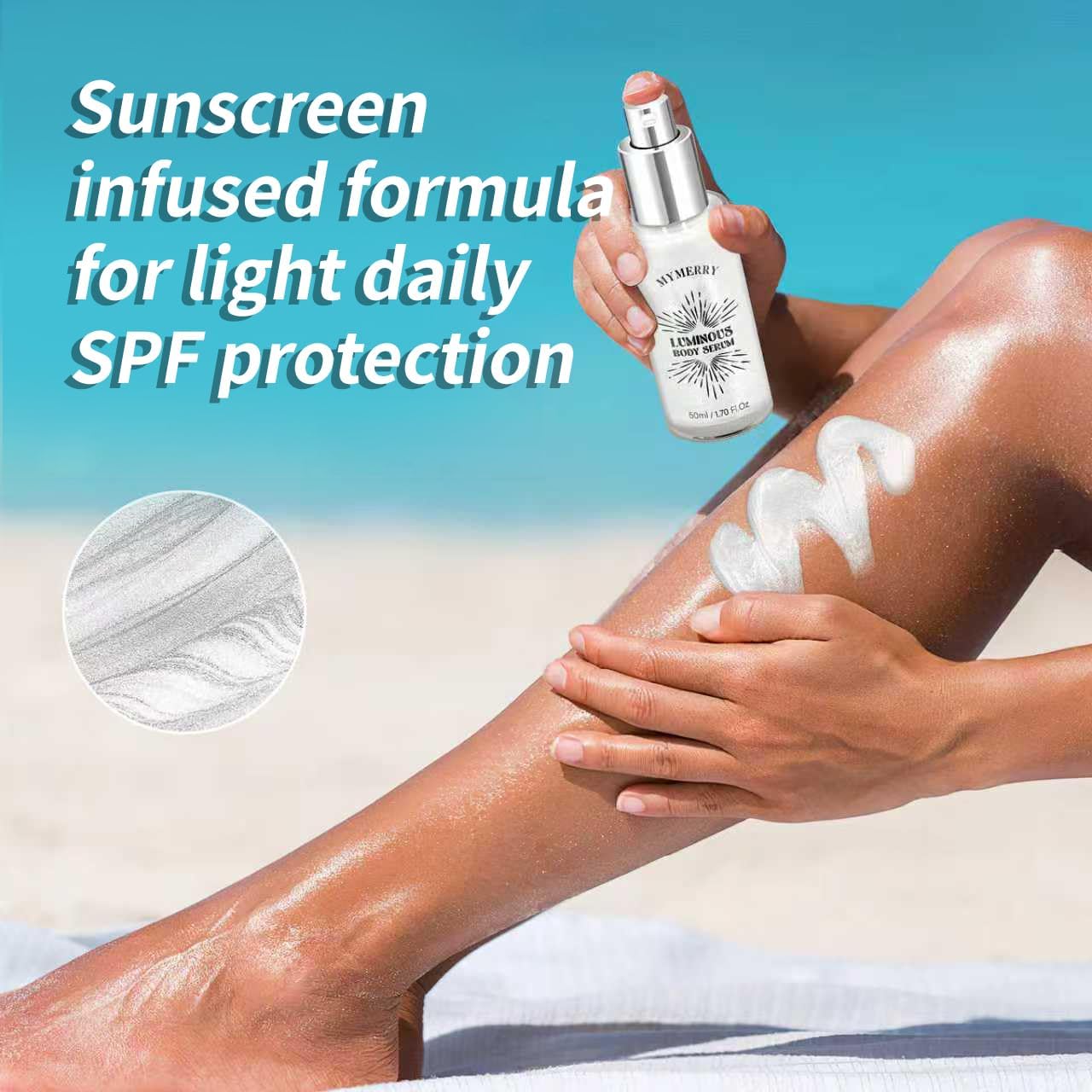 Body Shimmer Oil, 50ml Sunscreen Liquid Highlighter Bronzer Body Glitter Oil Long Lasting Moisturizing Makeup Lotion Illuminate Serum Glow Shimmer Skin 1.7 Fl Oz（Shining White #03）