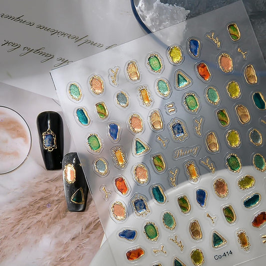 Gem Nail Stickers with Gold Trim Shiny Gems Nail Decals Luxury Stickers for Nails Designs 3D Self Adhesive Nail Art Supplies & Decorations for Women 1 Sheet