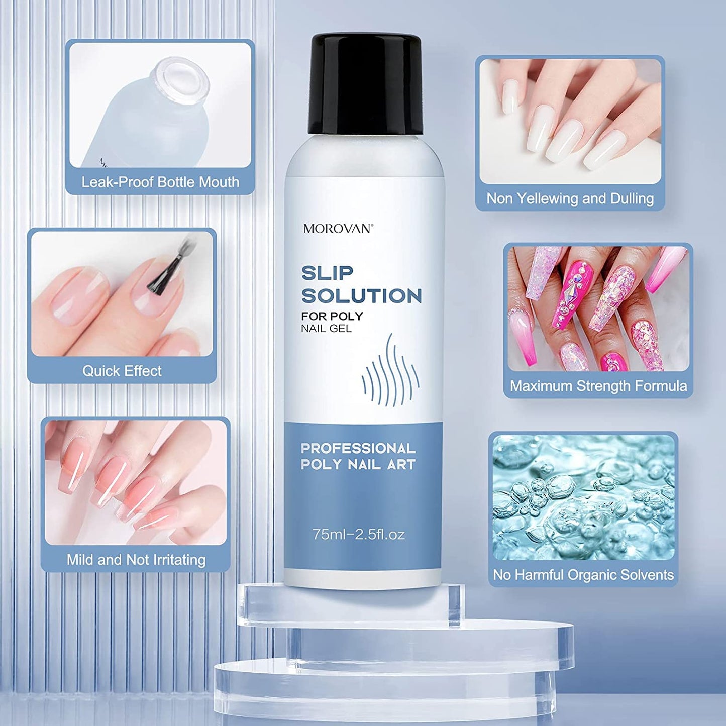 Morovan Nail Slip Solution Kit: 2.5 OZ Anti‑Stick Gel Liquid for PolyGel Nails with Dual‑Ended Brush & Nail Forms Ideal Easy Spread for Beginners