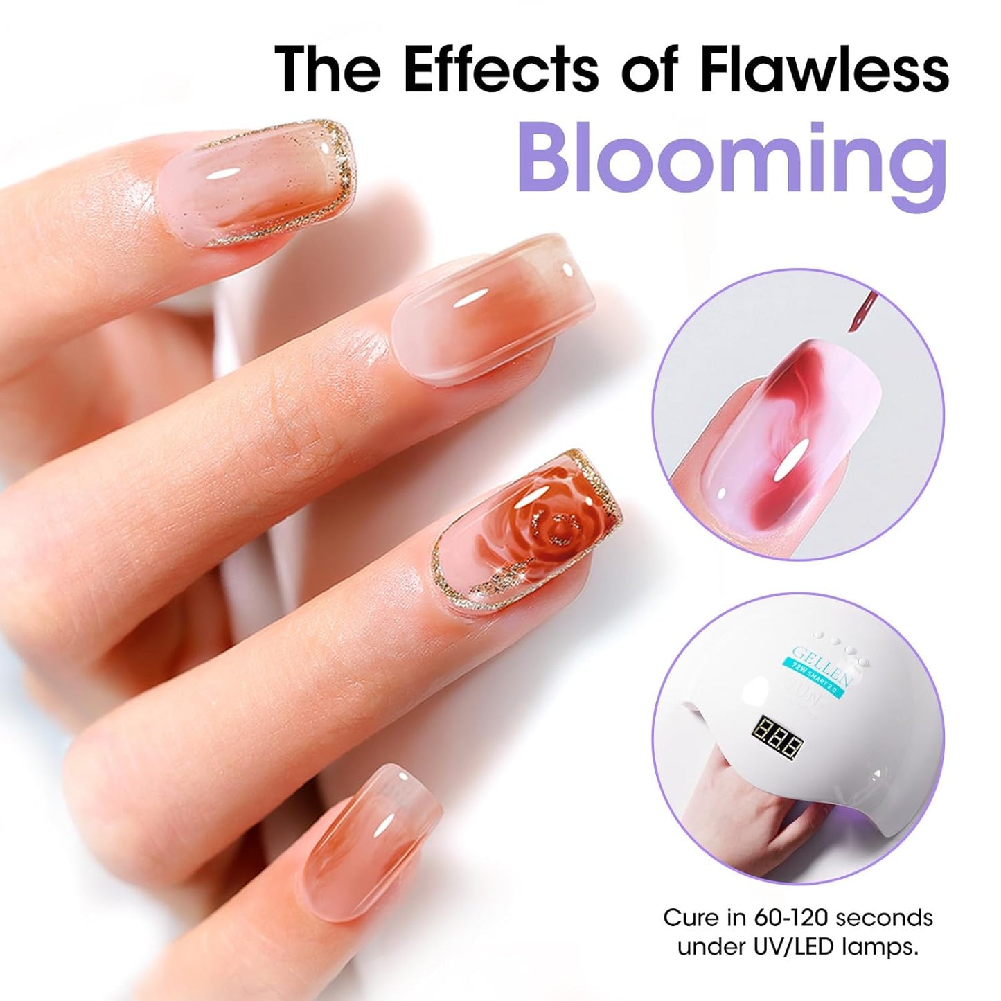 GELLEN 20ML Blooming Gel, Hema Free Blooming Gel Nail Polish, Soak off Clear UV LED Blossom Nail Gel for Spreading Effect, Marble Watercolor Floral Nail Art Design, DIY Manicure Gift for Women