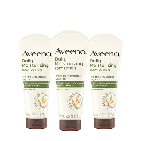 Aveeno Daily Moisturizing Body Lotion, Gentle Lotion Nourishes Dry Skin With Moisture, Soothing Prebiotic Oat, Fragrance-Free, Non-Comedogenic, Travel-Size, Pack of Three, 3 x 2.5 fl. Oz
