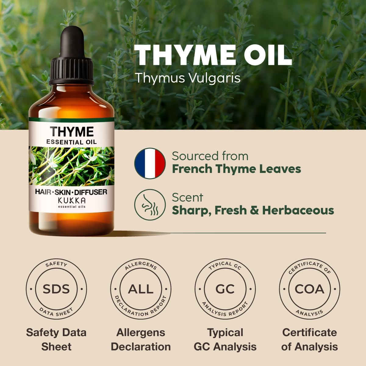 Kukka Thyme Essential Oil for Hair, Skin & Diffuser - 4 Fl Oz - Thyme Oil, Herbaceous Scent, for Aromatherapy, DIY Soap Making Scents