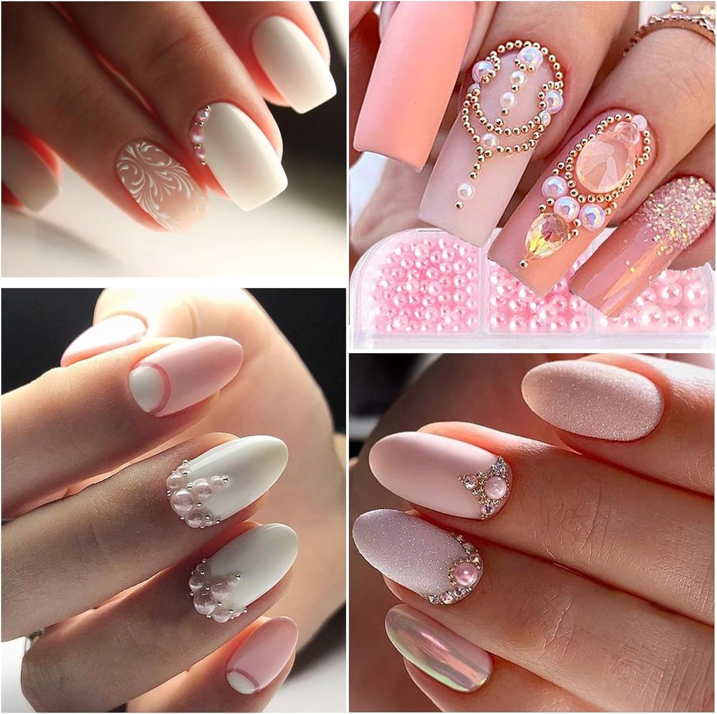 Nail Art Pearls with Rhinestones Glue Gel Flatback Pearls Nail Charms Luxurious Nails Supplies Accessories Gold Silver Gems Jewelry Pearl for Women Nails Design(Pink)