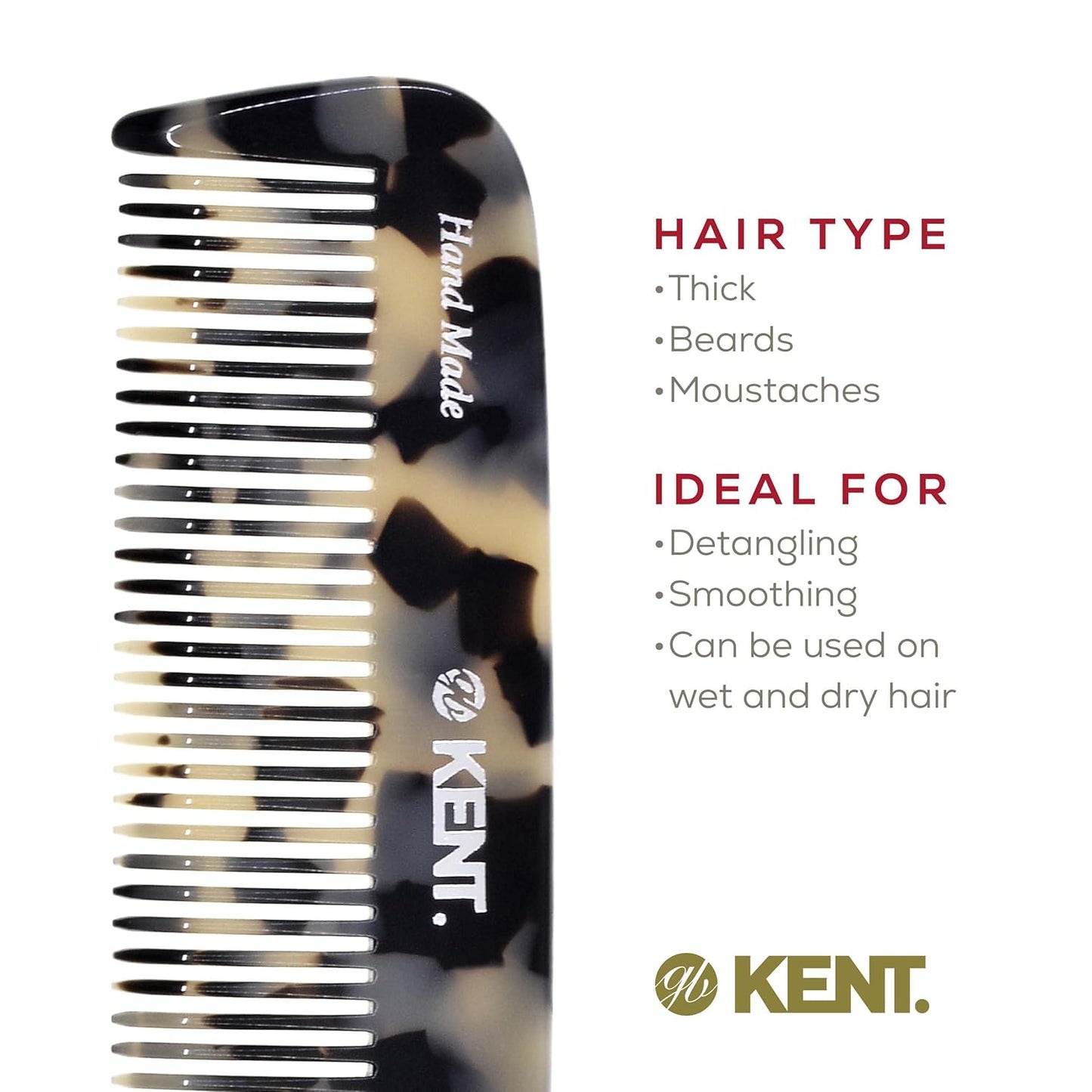 Kent 12T TW Pocket Comb - Handmade Wide Tooth Hair Comb for Men, Women, and Kids - Travel, Beard, and Mustache Comb - Saw Cut and Hand Polished Made in England