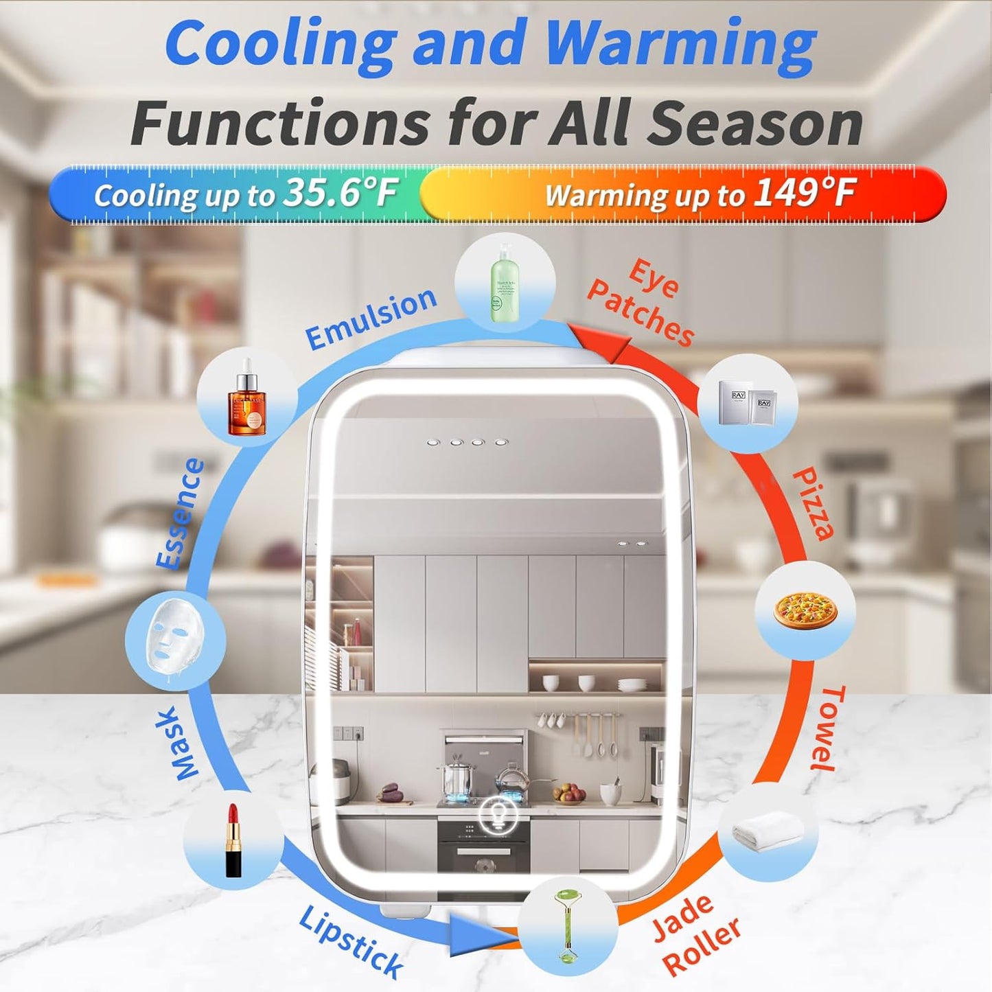 YASHE Skincare Fridge Mini Fridge for Bedroom with Dimmable LED Mirror, 4Liter/6 Cans Cooler and Warmer for Makeup, Cosmetic, Beauty, Portable Refrigerator for Bedroom, Vanity, Office and Car- White