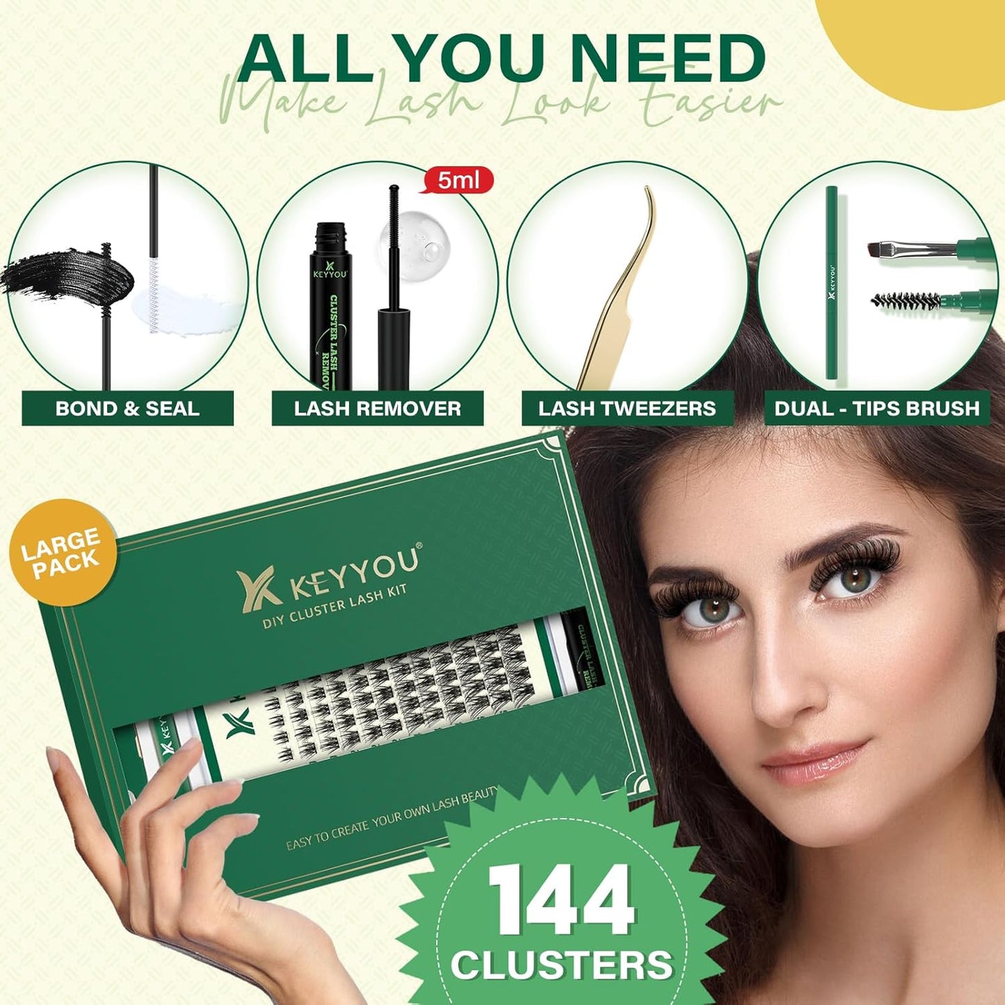 DIY Lash Extension Kit KEYYOU 144pcs Lash Clusters Eyelash Extension Kit with Mascara Brush Bond and Seal Lash Glue Remover Lash Applicators Lash Brush for DIY Lash Extensions (Y08 Kit)