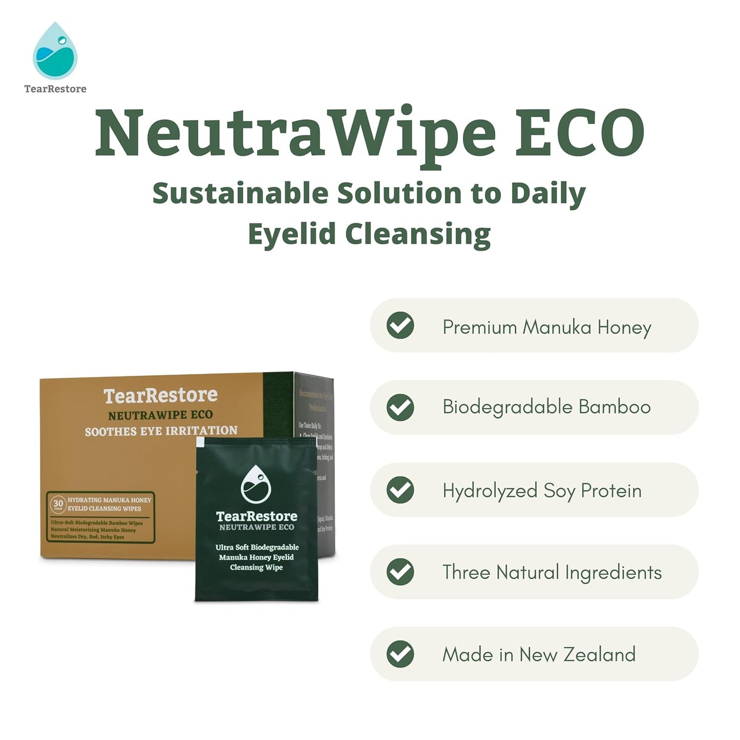 TearRestore NeutraWipe Eco Manuka Honey Eyelid Wipes | Ultra-Soft Biodegradable Eyelash Cleanser For Blepharitis & Dry, Itchy, Swollen, Irritated Eyes (30 Count)