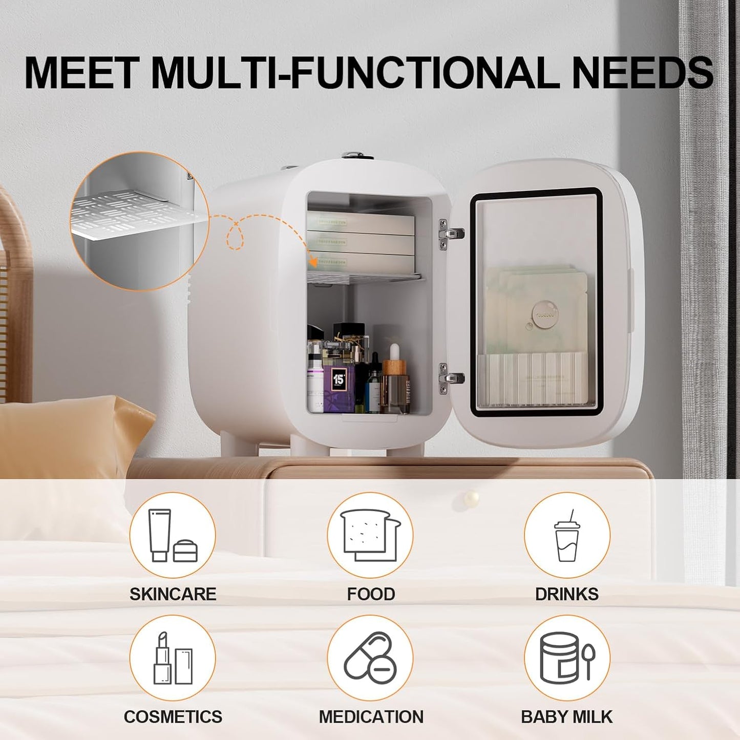 DF01A Skincare Fridge, Mini Fridge for Skincare with 3-Level Dimmable LED Light Mirror, Low Noise 4L Makeup, Cooler & Warmer, Portable Design for Multiple Uses - Bedroom, Office, and Car