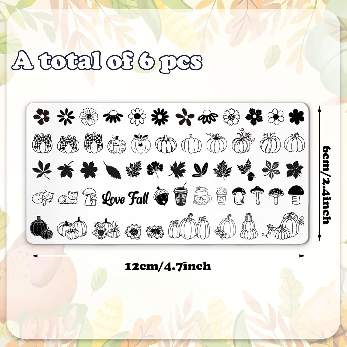 Whaline 6Pcs Fall Nail Plates Stamping Set Pumpkin Leaves Stamp Templates Nail Art Plates for Autumn Harvest Thanksgiving DIY Print Manicure Salon Design