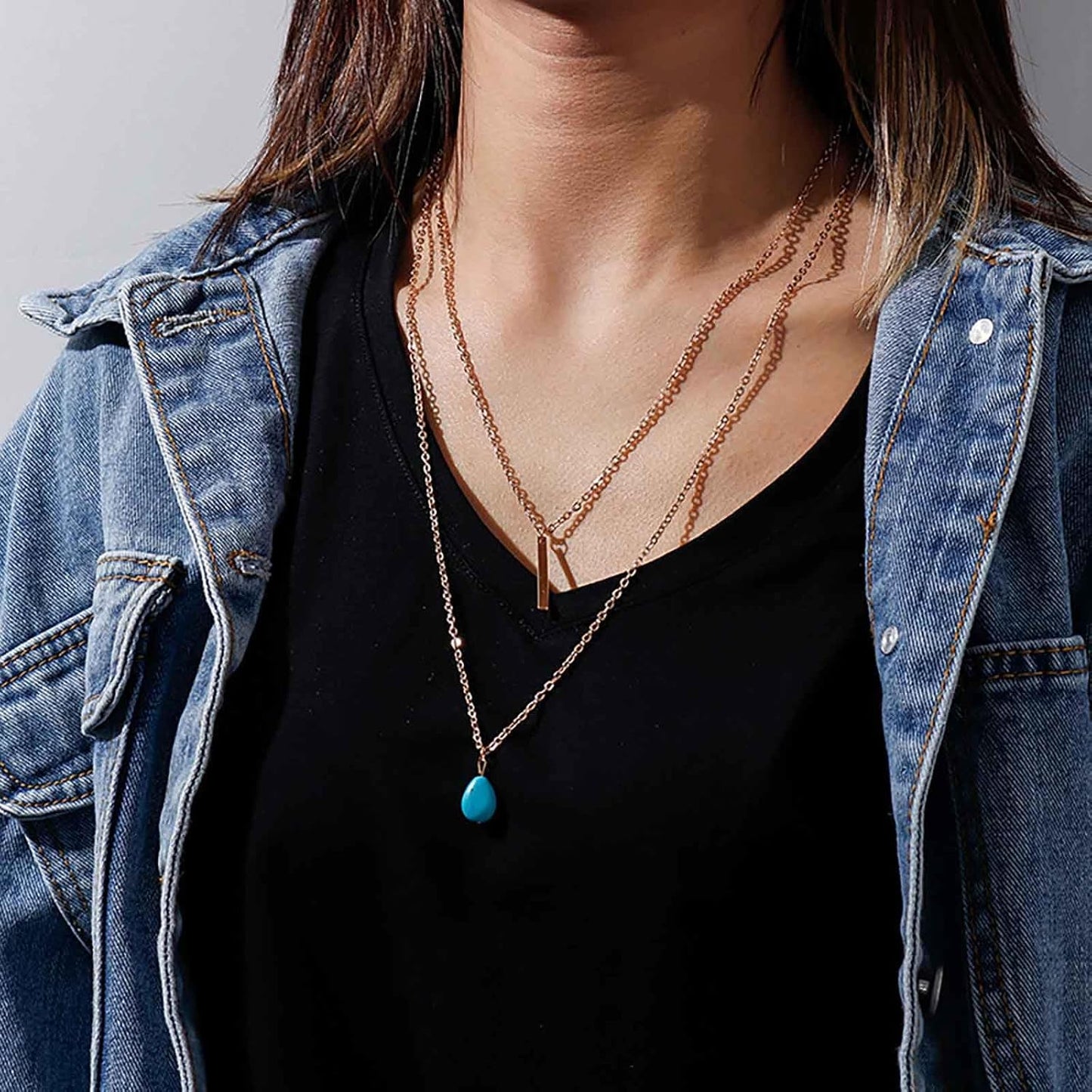 Boho Teardrop Turquoise Neckalce Layered Turquoise Pendant Neckalce Gold Bar Pendant Necklace Vintage Layering Turquoise Water drop Necklace Jewelry for Women and Girls