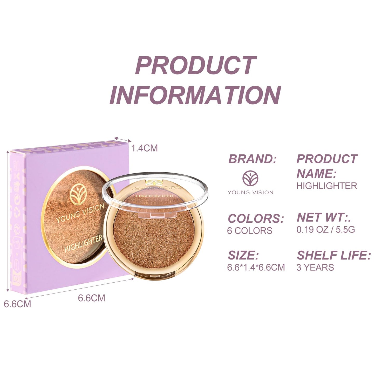 YOUNG VISION Pressed Powder Highlighter, Baked Natural Glow Contour Powder & Face Highlighter, Cruelty Free, Shimmer Highlighting Makeup for Face, Eye, Eyeshadow, Body, Skin (Silver)