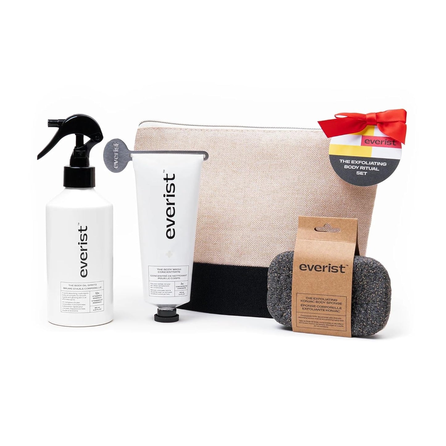 The Exfoliating Body Ritual Set, 3.4 fl. oz Exfoliating Body Wash Concentrate, 6.09 fl. oz Body Oil Spritz & Konjac Sponge in Jute Travel Bag, Cleansing & Hydrating For All Skin Types