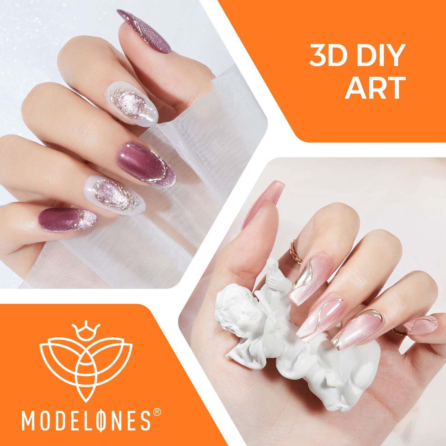 Modelones 3D Gel Nail Art, Sculpting Gel Glue for Molding, Drawing, Charms & Gems Glue, Nail Stuff for Chrome Powder and Rhinestone Design No Wipe, U V Light Cured Salon & DIY Use