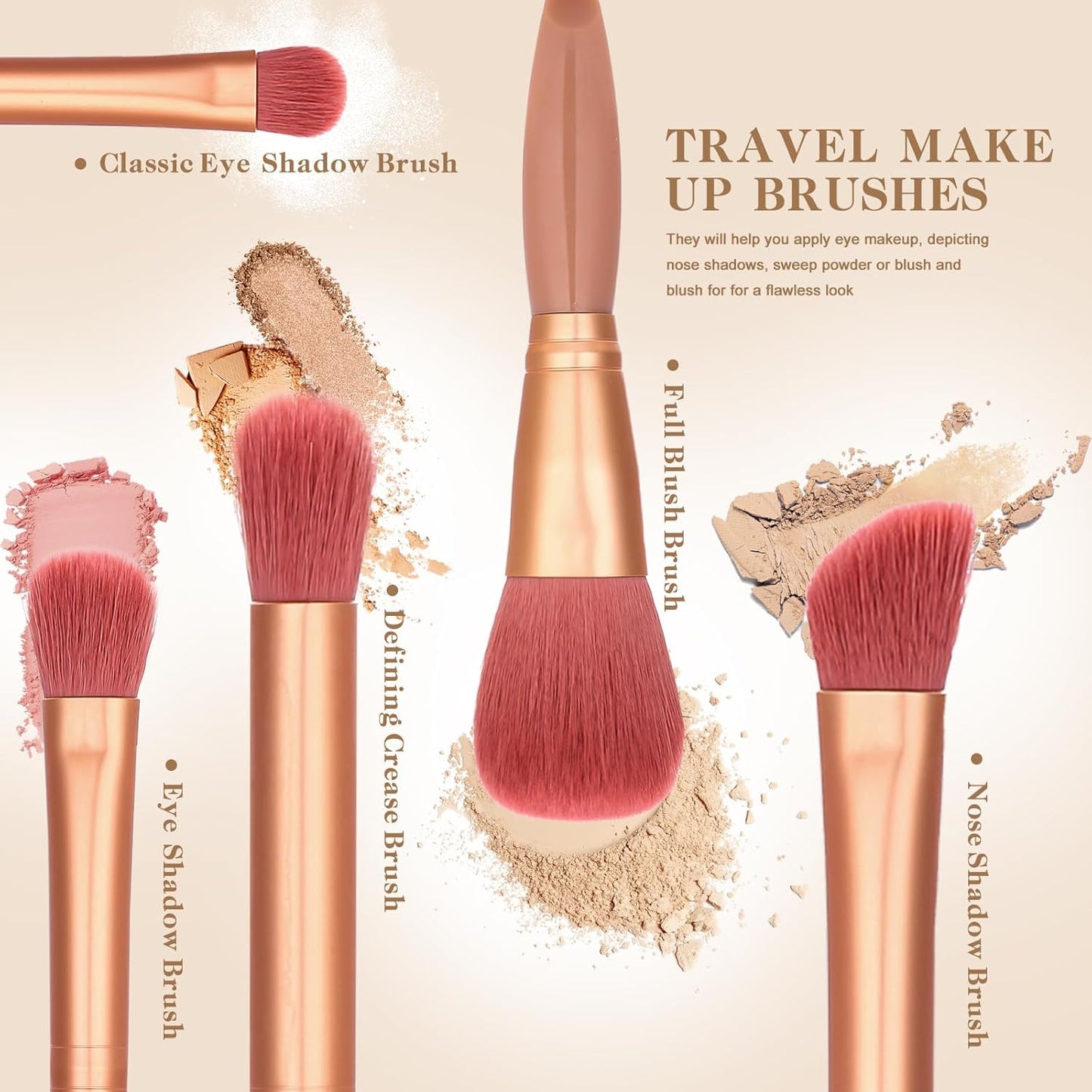 Travel Makeup Brush Set, travel make up brushes sets mini eye shadow kits small size eyeshadow case eyes makup brushed makeuo soft brushs basic cosmetic profesional tools (Bean Sand)
