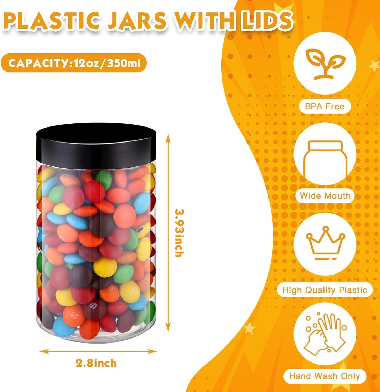 SATINIOR 24 Pieces Empty Clear Plastic Jars with Lids Round Storage Containers Wide Mouth for Beauty Product Cosmetic Cream Lotion Liquid Butter Craft and Food(Black Lid,12 oz)