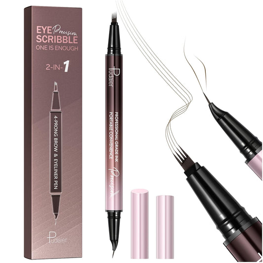 Eyebrow Pen, Waterproof Microblading Eyebrow Pencil, 2-in-1 Dual-Ended 4 Tip Eye Brow Makeup Pen for Women with Precise Curved Brush-Tip Create Natural Hair-Like Brows, Last All-Day (Dark Brown)