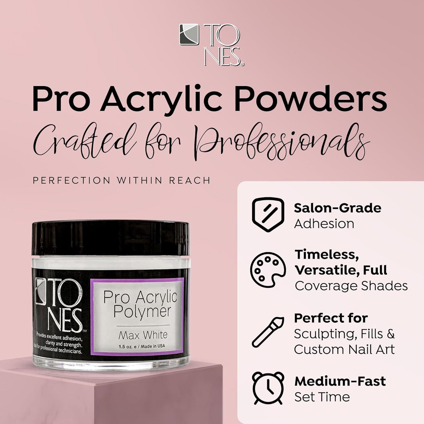 Tones Pro Acrylic Nail Powder, Max White (Creamy, Soft Off-White), (8.5 Fl Oz) - Long-Lasting & Non-Yellowing Polymer for Salon Quality Nail Extensions & 3D Art