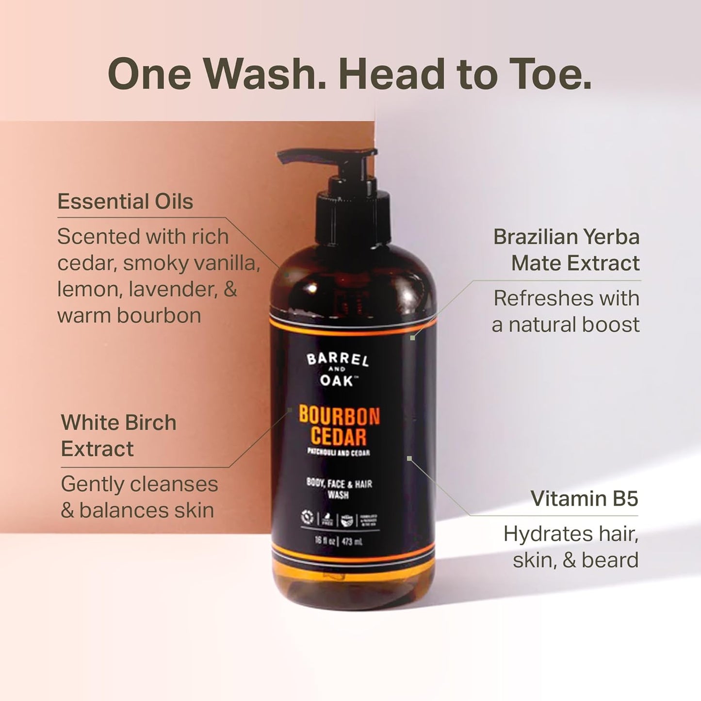 Barrel and Oak - All-In-One Body Wash, Men's Soap for Hair, Face, & Body, Essential Oil-Based Scent, Cedarwood & Bourbon, Vegan (Bourbon Cedar, 16 oz)