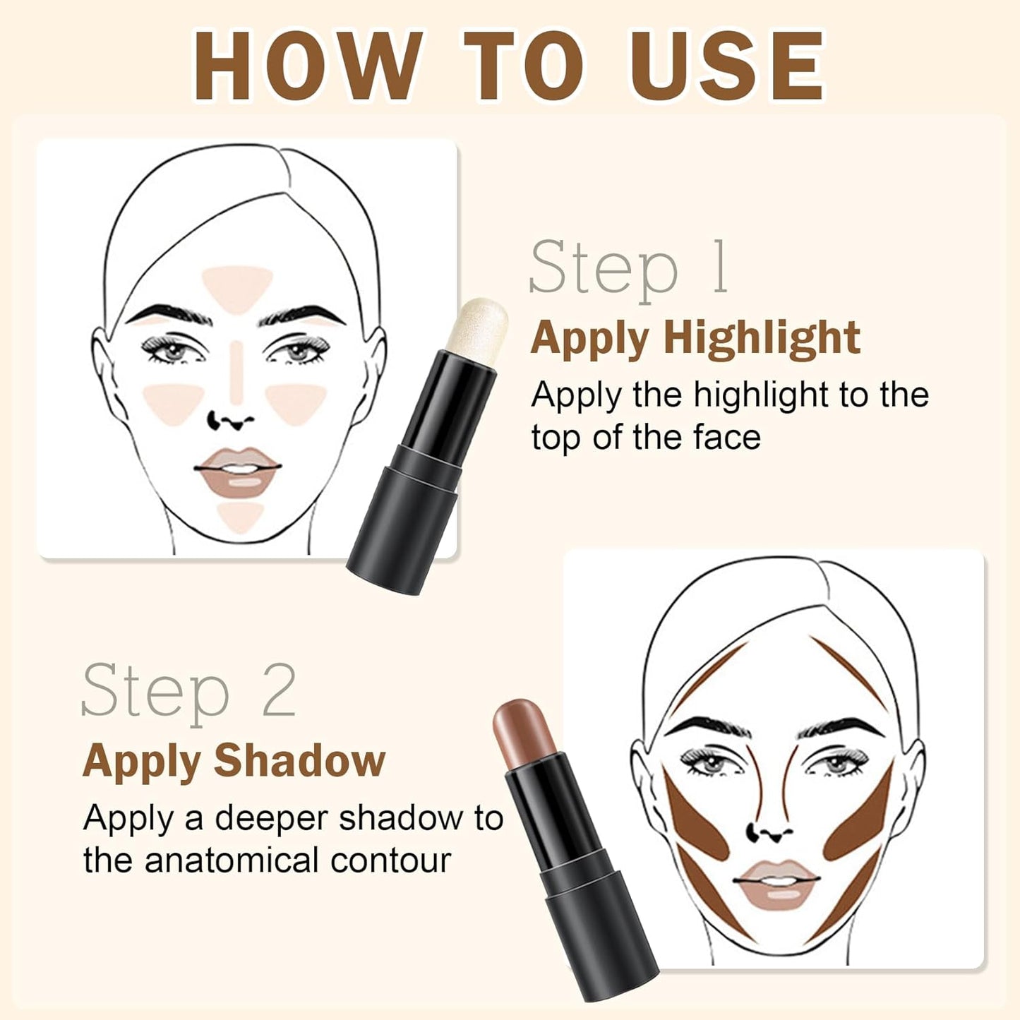 CAHIUYOA 6 Colors Cream Contour Kit with Bronzer and Highlighter Sticks, Beginner & Professional Makeup Set with Sponges and Multifunctional Brush