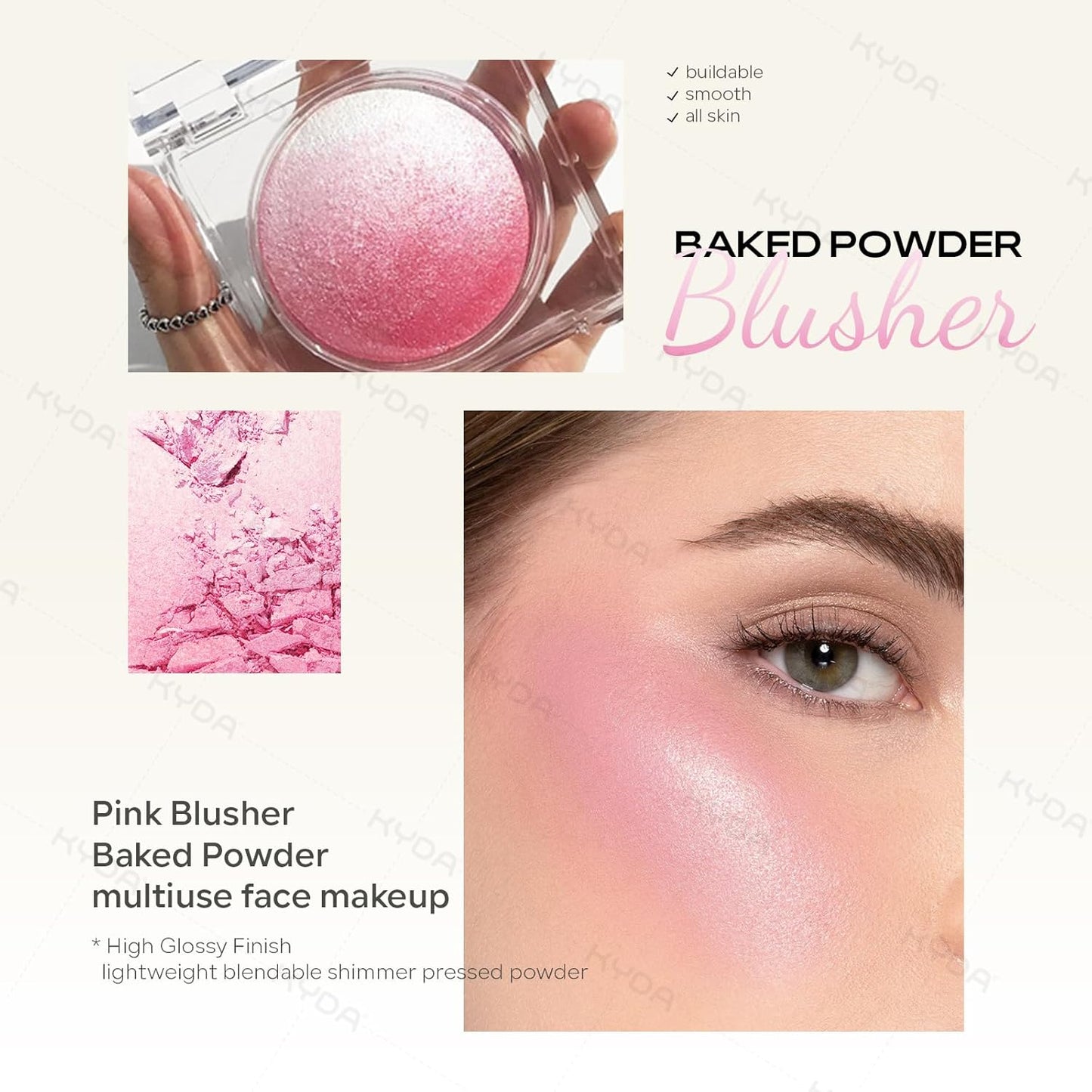 KYDA Pink Baked Blush, Pink Glow Powder for Blush and Highlighter, High Glossy Finish, Lightweight Blendable Shimmer Blusher, Multiuse Baked Powder, 0.53 oz