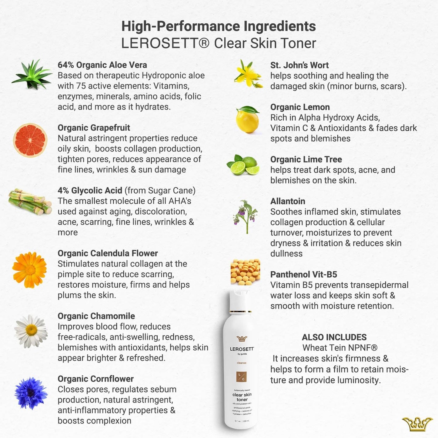 LEROSETT Toner for Clear Skin, Aloe Vera Based Toner with Glycolic Acid & 10 Calming Botanicals Helps Reduce Irritation, Future Blemishes, Blackheads, and Tightens Pores, Natural, Vegan - 6.7 oz