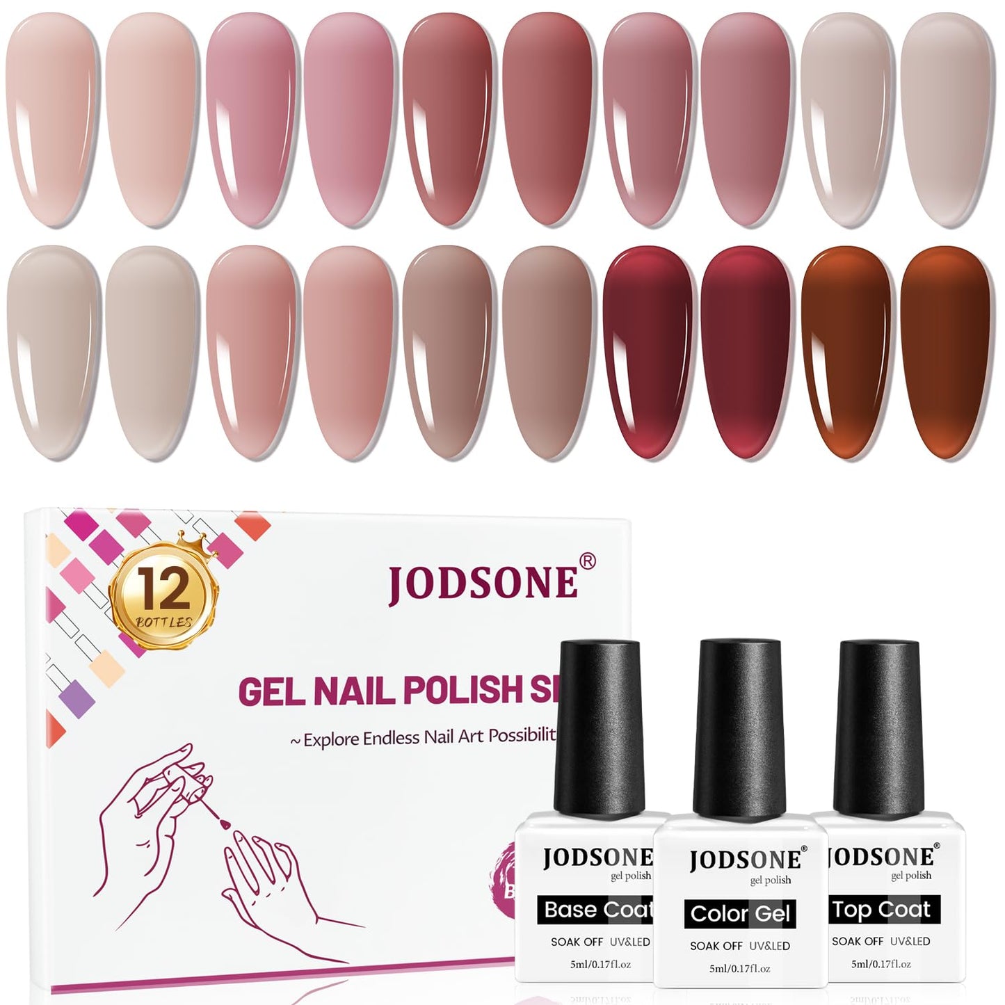 JODSONE 12PCS Gel Nail Polish Set 10 Translucent Jelly Colors Natural, Elegant & Long Lasting For Home & Salon Use