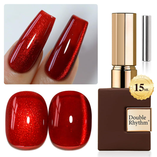 Double Rhythm 0.5 OZ Cat Eye Gel Polish with Magnet 15ML Holographic Glitter Shimmer Translucent Jelly Color Magnetic Nail Polish Salon DIY at Home (Blood Red-MC1046)
