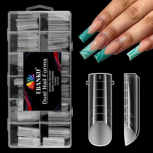 EBANKU 120Pcs Matte Dual Nail Forms, Poly Gel Nail Molds Square Clear Full Cover Coffin Nail Tips Extension Forms 12 Sizes for Gel Manicure Nail Art Design Salon&DIY