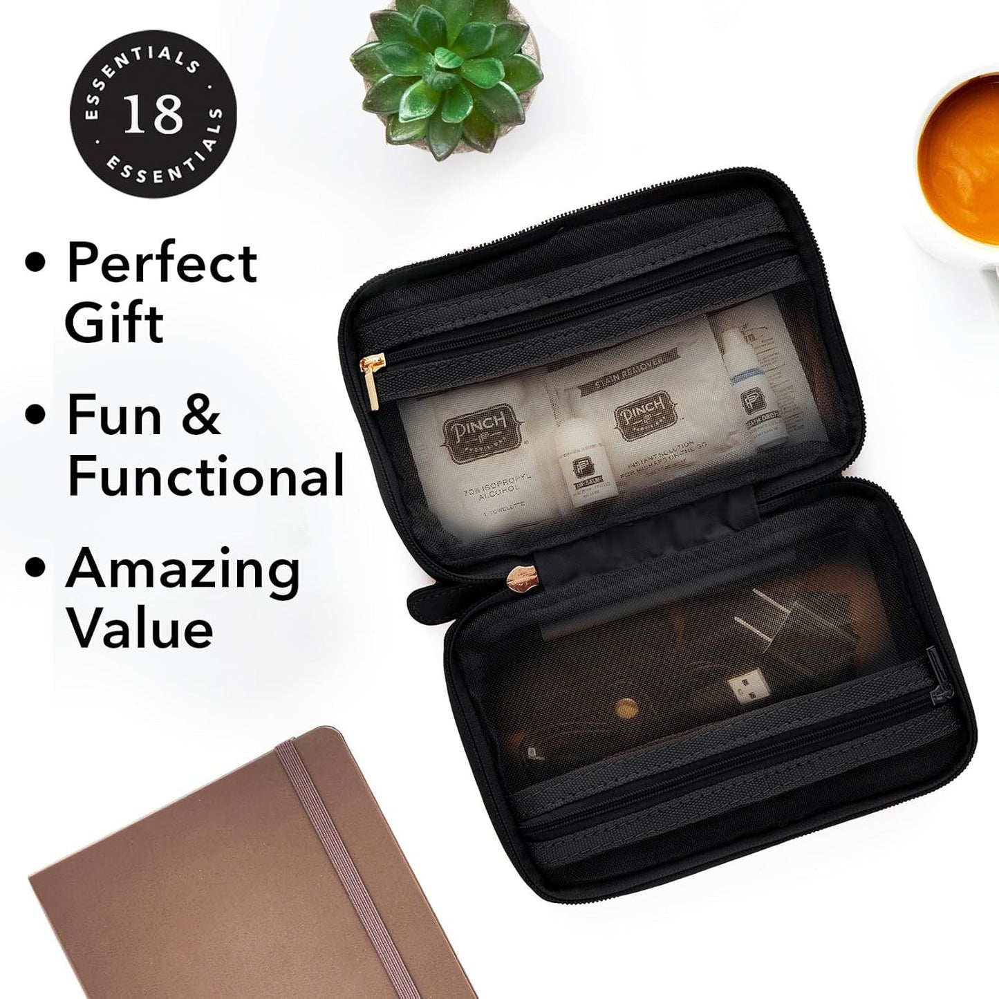 Pinch Provisions Work from Anywhere Kit, Includes 18 Essentials to Help You Stay on Task, Must-Have Essentials, Compact Multi-Functional Vegan Leather Pouch, Black
