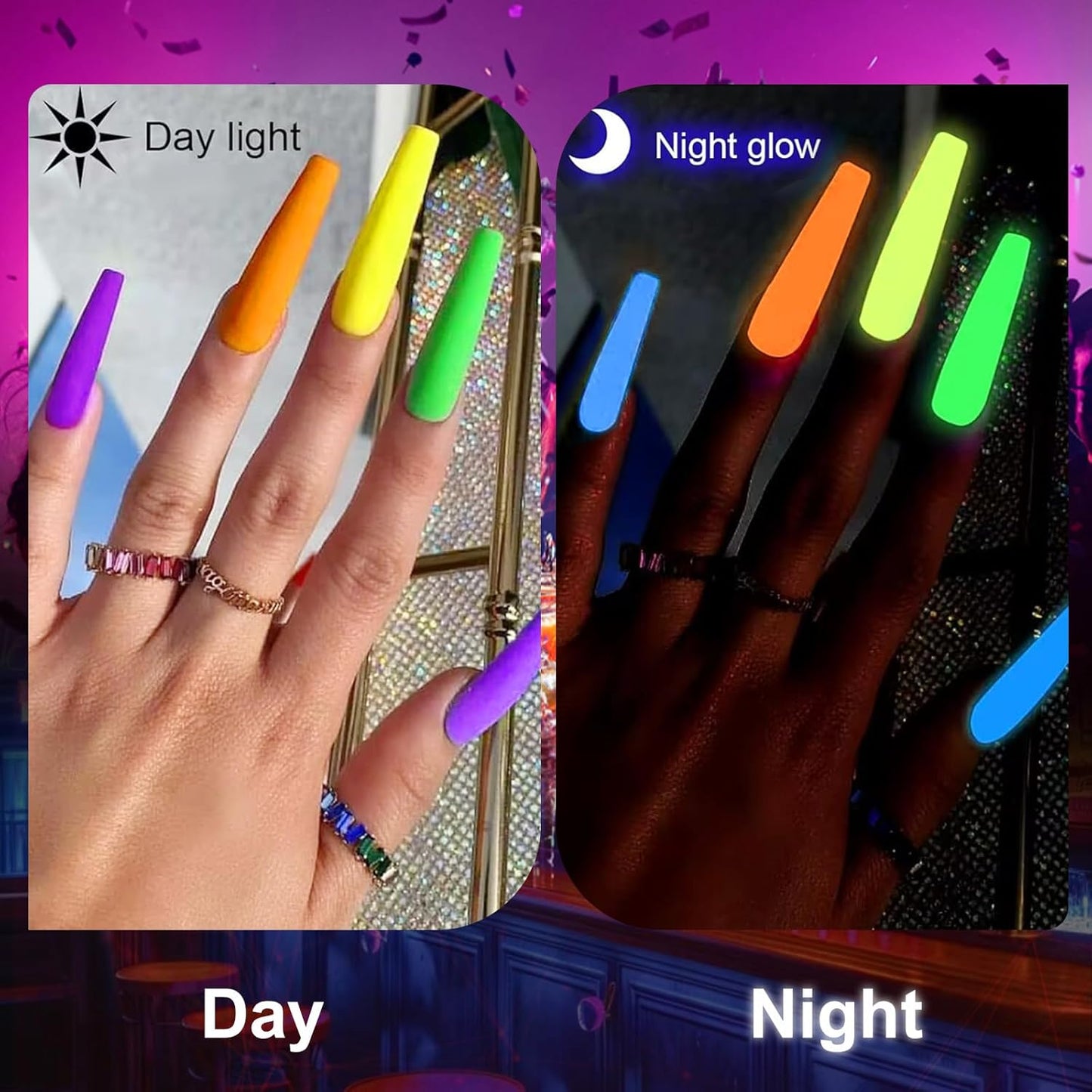 Honey Joy Dip Powder Nail Kit Starter, 4 Colors Glow in Dark Neon Dipping Powder Liquid Set for Halloween Xmas Club Black Light Fluorescent Birthday Masquerade Party Supplies, Dip-7pcs-No.19