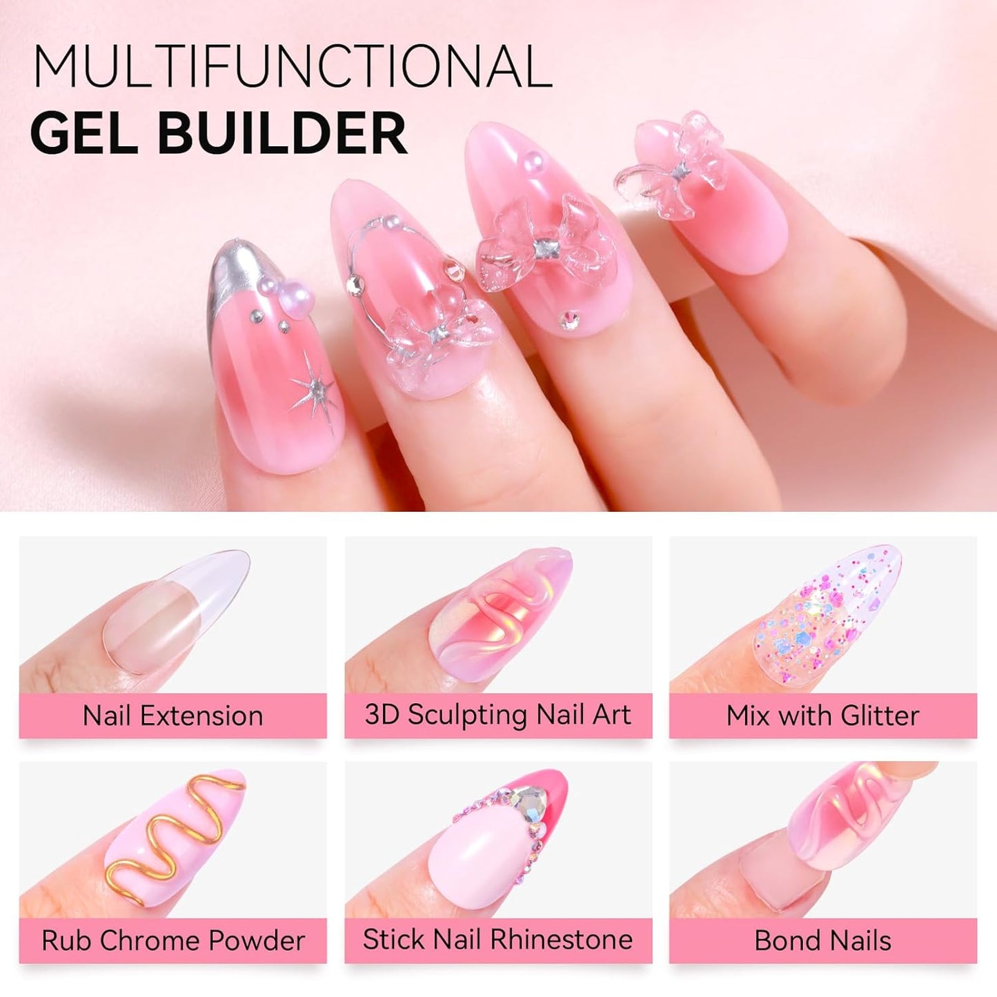 Makartt 3D Gel Nail Art: 4-in-1 Clear & White Solid Gel Builder Non-sticky for Extension 3D Sculpting Nail, UV Glue for Acrylic Nails, Rhinestones & Sculpture Hard Gels for Nails UV/LED Lamp Required