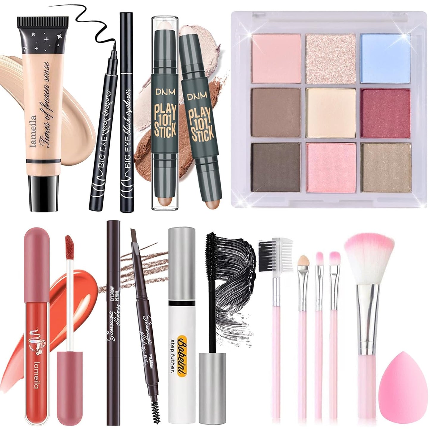 Makeup Set Kit for Women Girls Teens, Makeup Present Set, Includes 9 Color Eyeshadow, Counter Stick, Foundation, Eyebrow Pencil, Eyeliner, Mascara, Lip Gloss, 5Pcs Brushes, Sponge