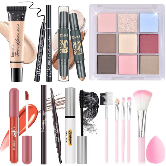 Makeup Set Kit for Women Girls Teens, Makeup Present Set, Includes 9 Color Eyeshadow, Counter Stick, Foundation, Eyebrow Pencil, Eyeliner, Mascara, Lip Gloss, 5Pcs Brushes, Sponge